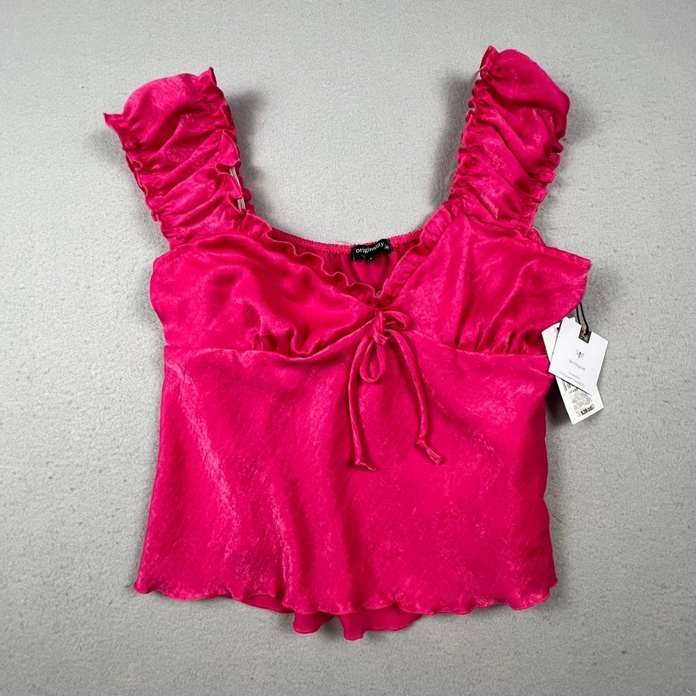 Originality Satin Ruffle Camisole Women L Pink Tie Front Lettuce Edge Coquette